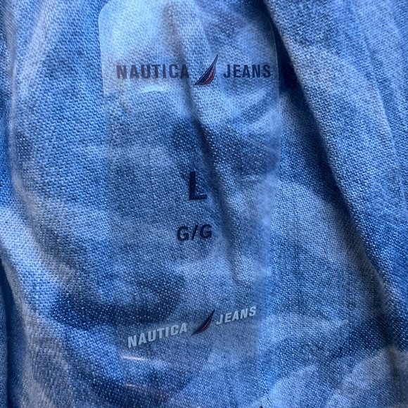 NAUTICA JEANS Denim Blue Tropical Off Ruffle Shoulder Shirt Top W Large NWT - Picture 4 of 10